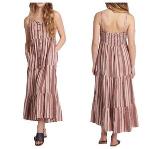 𝅺new Roxy Breeze on By Brown Beige Stripe Button Up Tiered Dress US S